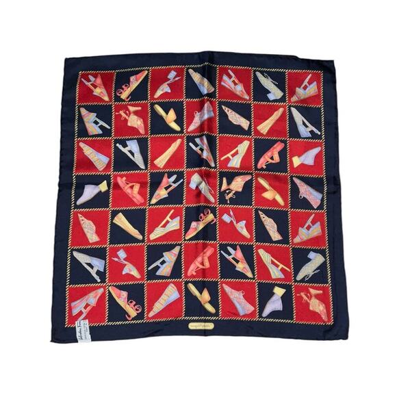 Salvatore Ferragamo Vintage 100% Silk Shoe Designs Scarf 16” Square Red Blue - Picture 2 of 12